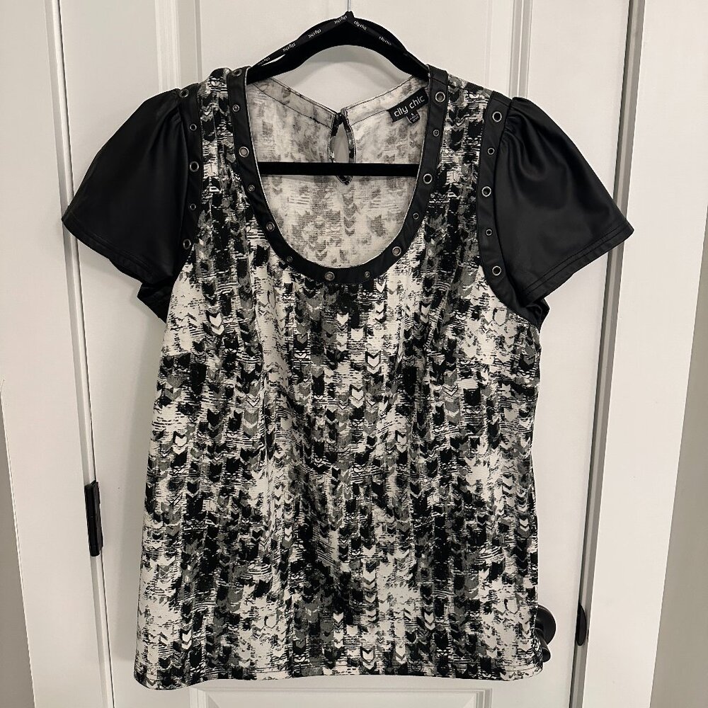 City Chic Puff Sleeve Mixed Fabric Top